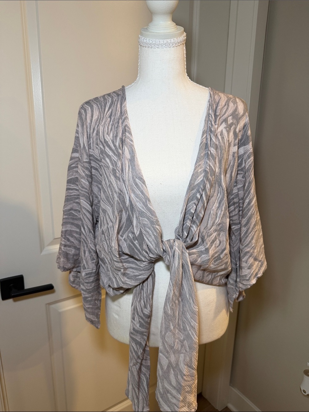 Tie-Front cover-up/ wide sleeve open front cardigan cover-up in Light Gray